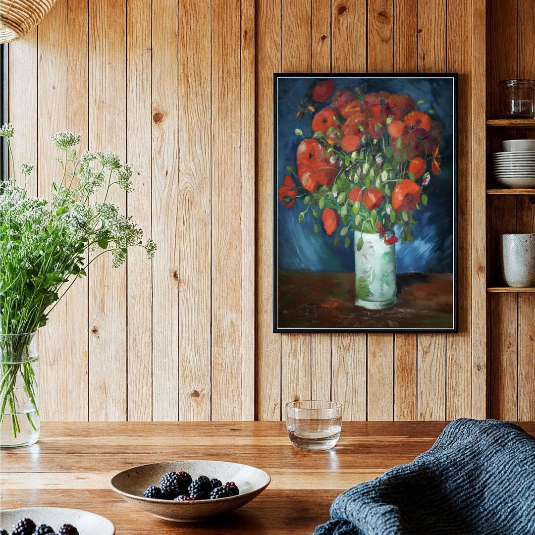 Vibrant red poppy canvas art print of Vincent van Gogh Vase With Red Poppies 1886 depicting a porcelain vessel in Paris France. MapYourDreams offers versatile framed wall art, unframed poster prints, and stretched canvas choices for art lovers and home decorators alike.