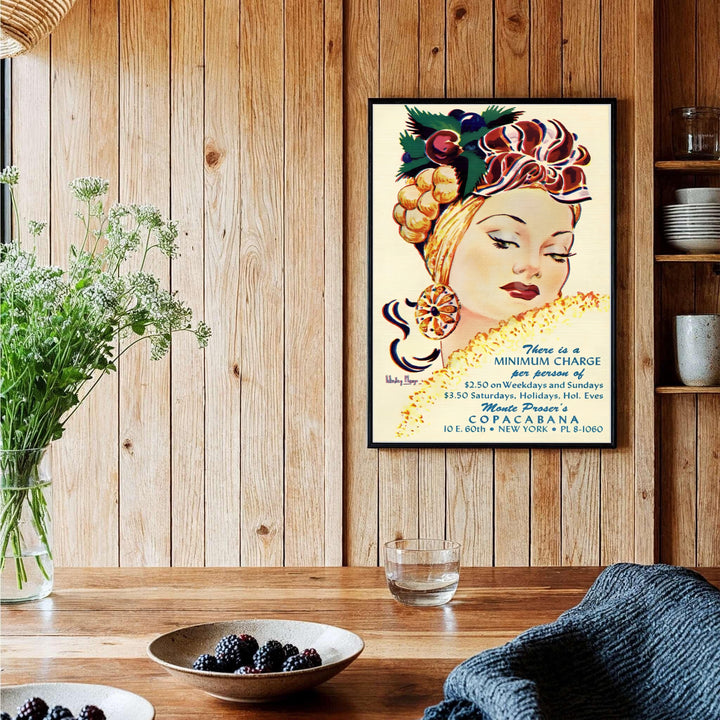 Mid-century Manhattan cabaret poster depicting the famous Copacabana club on East 60th Street in NYC, provided by MapYourDreams as an unframed print, ready-to-hang gallery canvas, or custom framed art print for elegant bedroom and dressing room wall decoration.