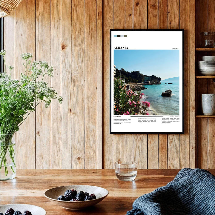 A captivating European travel poster illustrating the Vlorë riviera and Uji i Ftohtë tunnel, framed by clean editorial color swatches and minimal cartography. Choose from several presentation options including unframed paper, custom frames, and gallery canvas wraps.