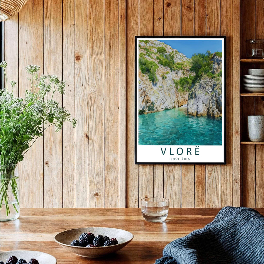 A captivating European travel poster illustrating the hidden beach of Gjipe, framed by clean white borders and bold serif cartographic typography at the base. Choose from several presentation options including unframed paper, custom frames, and gallery canvas wraps.