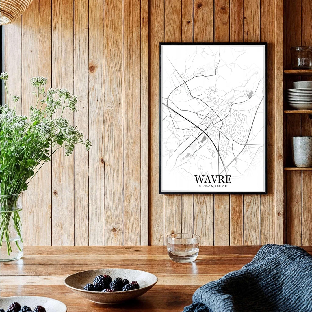 Elegant cartographic print showing the winding valley roads and central town street geometry of Wavre, Belgium, for contemporary decor themes. Offered by MapYourDreams, this artwork is available in flexible options including unframed paper, custom wooden frames, and gallery canvas wraps.