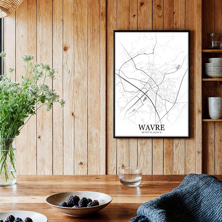 Elegant cartographic print showing the winding valley roads and central town street geometry of Wavre, Belgium, for contemporary decor themes. Offered by MapYourDreams, this artwork is available in flexible options including unframed paper, custom wooden frames, and gallery canvas wraps.