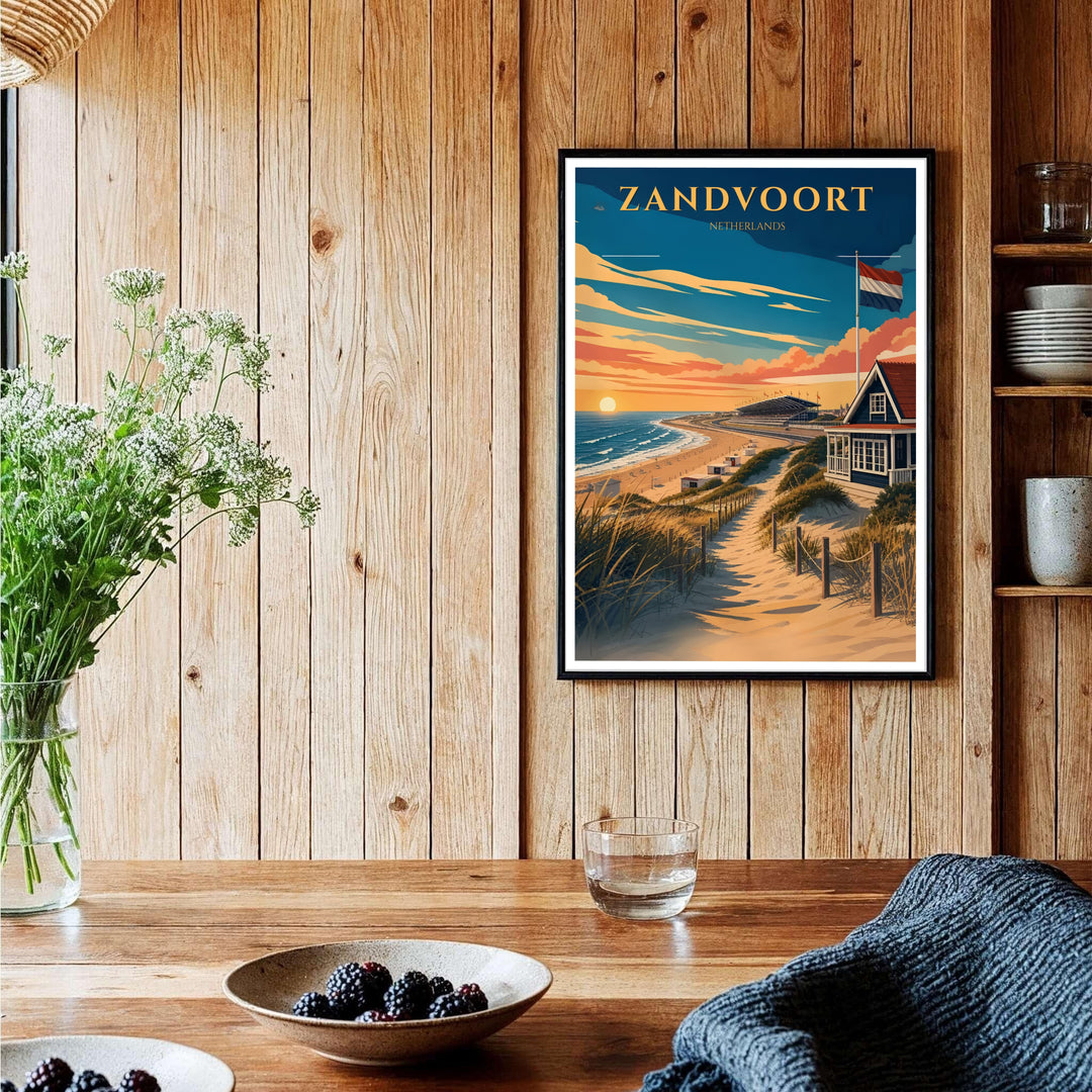 Fiery orange and ocean blue travel poster of Zandvoort Netherlands dune trails and beachfront architecture, provided by MapYourDreams with available options like unframed paper prints, gallery canvas, or custom frame finishes in natural wood, pure gold, and bronze for entryways.