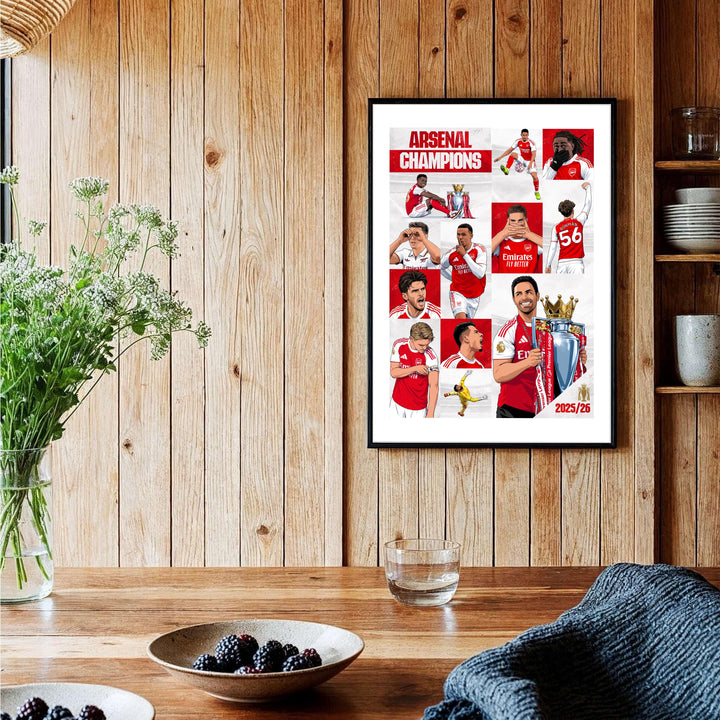 Modern graphic illustration poster print of Arsenal 2025/26 trophy presentation at Emirates Stadium, available as unframed prints, framed wall decor, or canvas options for living rooms.