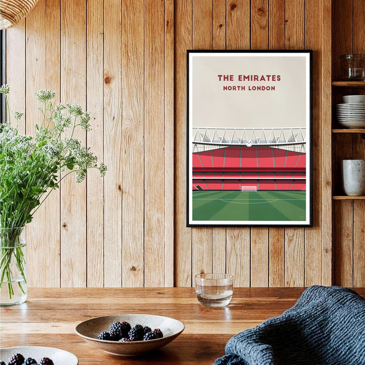Exclusive Emirates Stadium North London illustration poster featuring clean architectural vector art, available as unframed prints, custom framed choices, or stretched canvas formats.