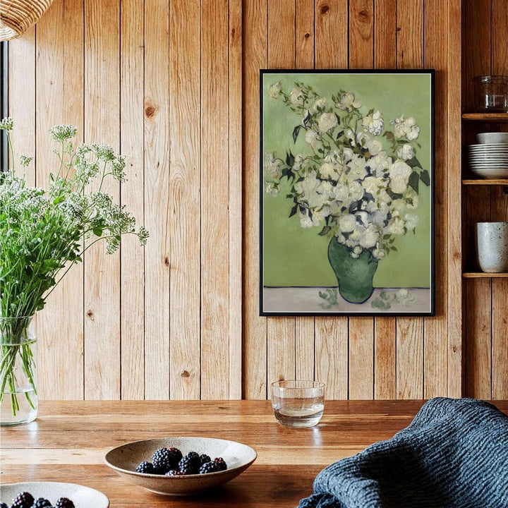 Historic 1890 artwork poster of Vincent van Gogh Roses 1890 rendered with ivory and sage green tones in Saint-Remy-de-Provence France. Order custom framed prints, unframed paper wall art, or gallery canvas options from MapYourDreams to elevate your room aesthetics.