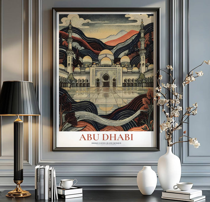 Woodblock technique artwork depicting the grand entrance and minarets of Sheikh Zayed Mosque in Abu Dhabi. Handcrafted by MapYourDreams, this artwork is available in flexible options including unframed paper, custom wooden frames, and gallery canvas wraps for art gallery walls.