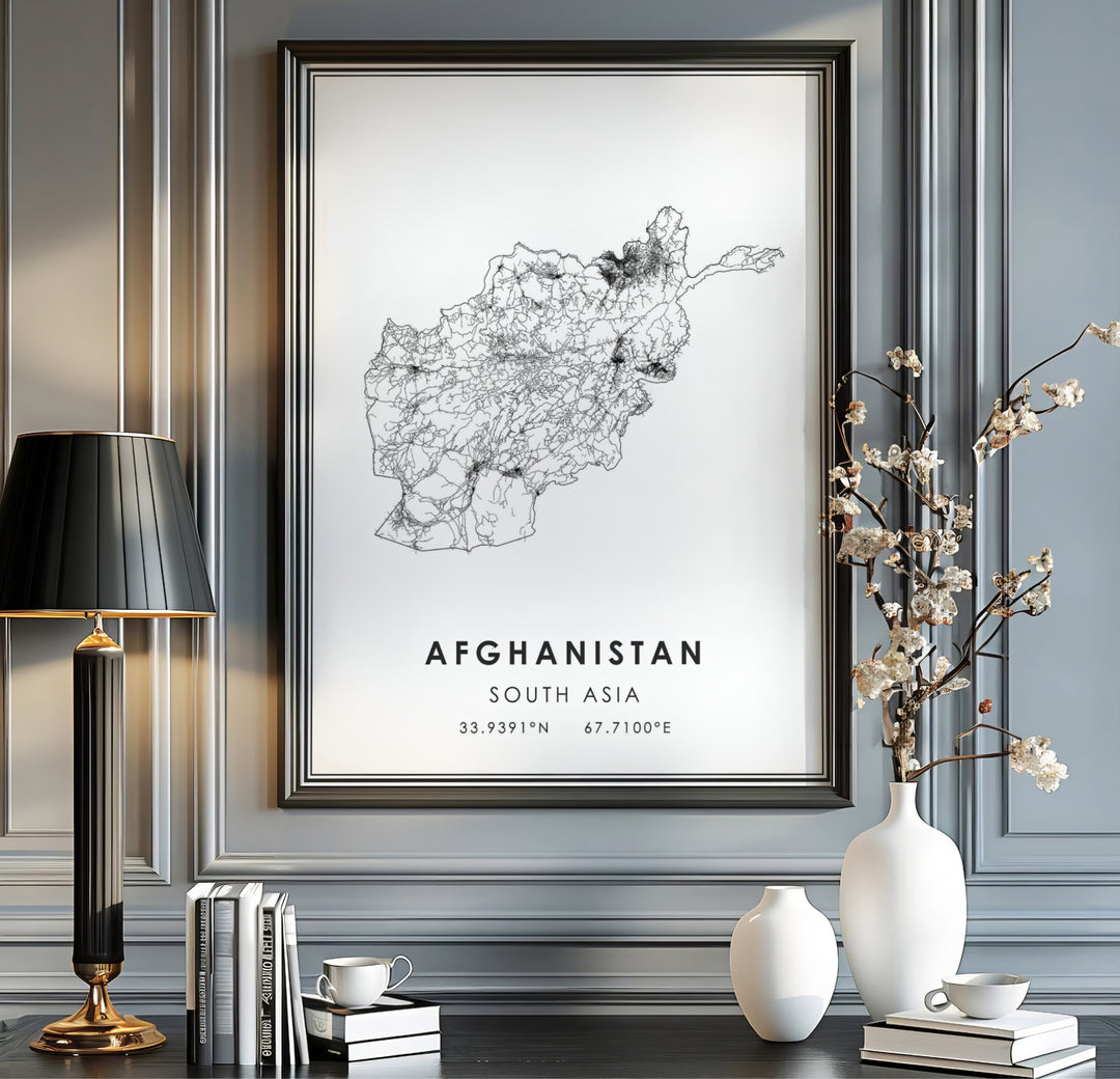 Elegant black and white map of Afghanistan with clean block lettering and global positioning coordinates, provided by MapYourDreams as an unframed print, ready to hang gallery canvas, or custom framed art print for chic hallway decor and minimalist home spaces.