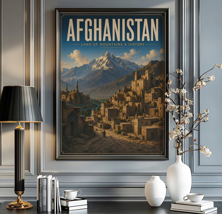 Classic travel illustration poster of an ancient Afghan citadel and snow capped mountain range in Afghanistan, presented by MapYourDreams as an unframed paper print, gallery canvas wall decor, or custom framed wall art in grey and black frames for entryway wall arrangement.