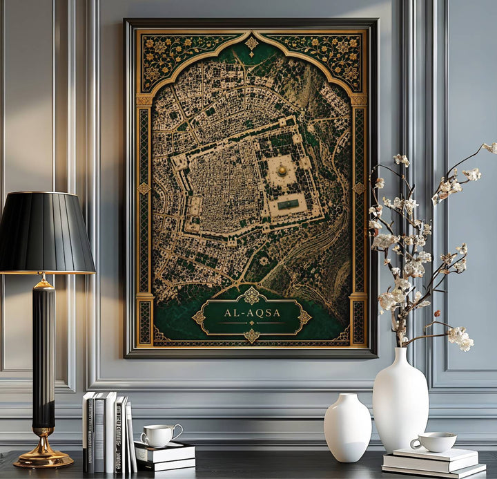 Aerial view map poster of Al Aqsa Mosque compound in Jerusalem with ornate gold archway borders. Released by MapYourDreams, this artwork is available in flexible options including unframed paper, custom wooden frames, and gallery canvas wraps for premium wall decor.