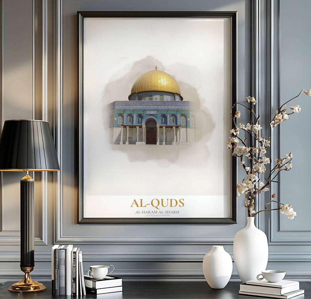 Jerusalem Palestine travel print showing the golden Dome of the Rock in an artistic minimalist watercolor style. Handcrafted by MapYourDreams, this artwork is available in flexible options including unframed paper, custom wooden frames, and gallery canvas wraps for gallery wall displays.