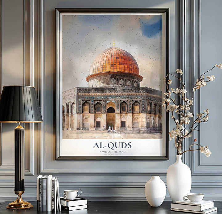 Vibrant watercolor print of the historic Dome of the Rock in Jerusalem with detailed pen ink outlines and blue mosaic details. Curated by MapYourDreams, this artwork is available in flexible options including unframed paper, custom wooden frames, and gallery canvas wraps tailored for home interiors.