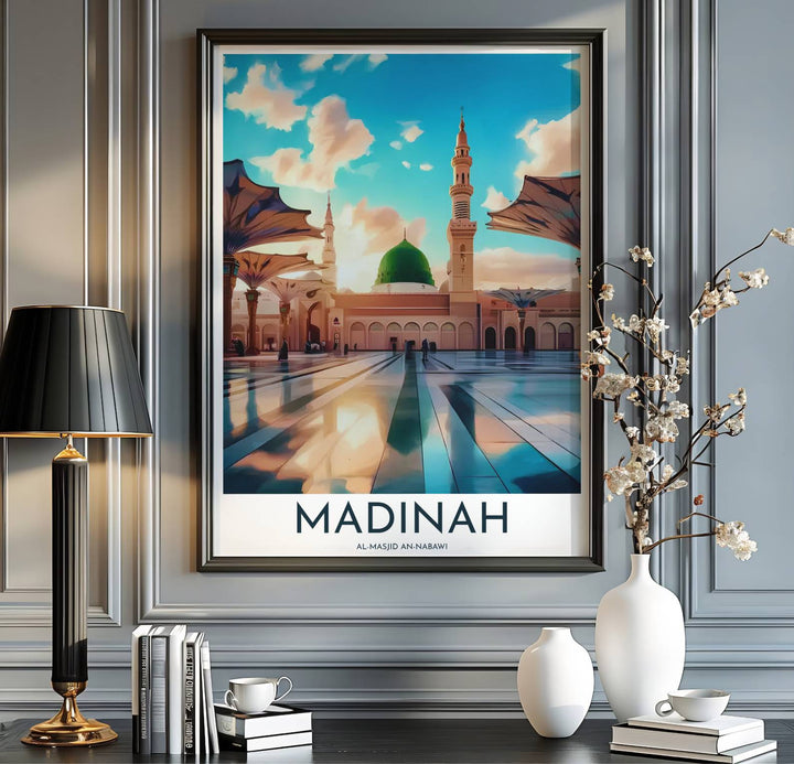 Prophet Mosque Madinah poster rendered in a painterly style with vibrant sky reflections on polished marble floors. Handcrafted by MapYourDreams, this artwork is available in flexible options including unframed paper, custom wooden frames, and gallery canvas wraps for art gallery walls.