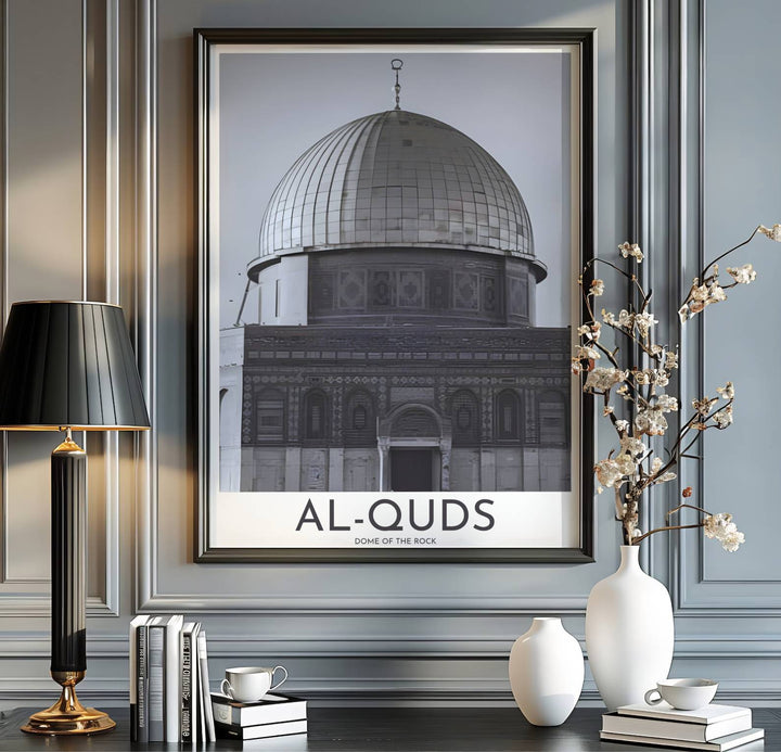 Jerusalem Palestine travel print showing the Dome of the Rock in an elegant high contrast black and white photo style. Handcrafted by MapYourDreams, this artwork is available in flexible options including unframed paper, custom wooden frames, and gallery canvas wraps for gallery wall displays.