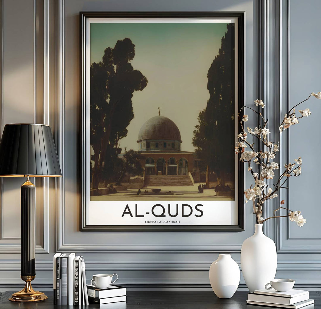 Jerusalem Palestine travel print showing the Dome of the Rock in a nostalgic mid-century analogue film photo style. Handcrafted by MapYourDreams, this artwork is available in flexible options including unframed paper, custom wooden frames, and gallery canvas wraps for gallery wall displays.