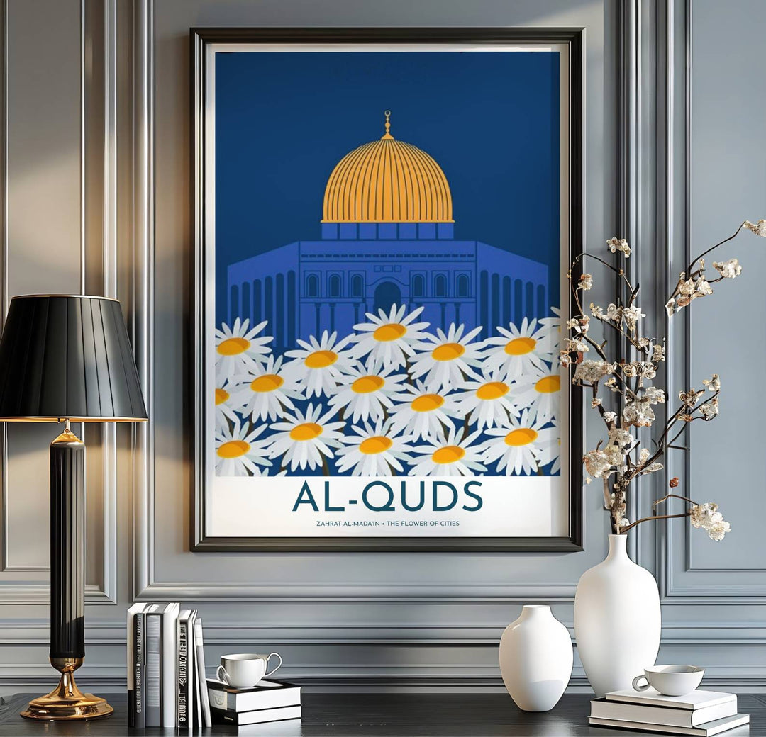 Jerusalem Palestine travel print showing the Dome of the Rock in a clean modern graphic illustration style. Handcrafted by MapYourDreams, this artwork is available in flexible options including unframed paper, custom wooden frames, and gallery canvas wraps for gallery wall displays.