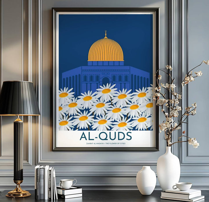 Jerusalem Palestine travel print showing the Dome of the Rock in a clean modern graphic illustration style. Handcrafted by MapYourDreams, this artwork is available in flexible options including unframed paper, custom wooden frames, and gallery canvas wraps for gallery wall displays.