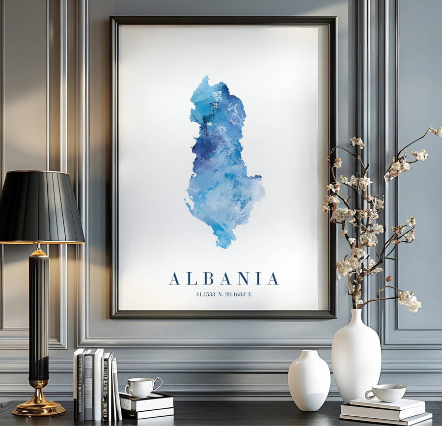 Mediterranean-themed Albania map art print in refreshing turquoise watercolor splashes, ideal for coastal wall decorations and beach house displays. Offered by MapYourDreams, this artwork is available in flexible options including unframed paper, custom wooden frames, and gallery canvas wraps for room decor.