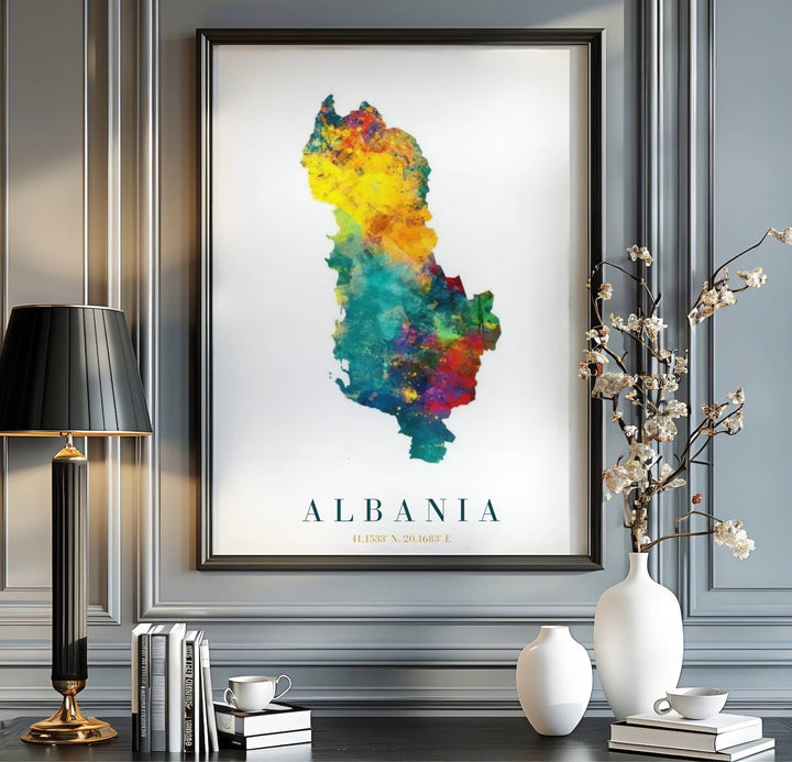Vibrant rainbow watercolor map print depicting Albania, perfect for art lovers, geography enthusiasts, and colorful fine art collection displays. Offered by MapYourDreams, this artwork is available in flexible options including unframed paper, custom wooden frames, and gallery canvas wraps.