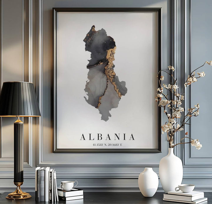 Abstract charcoal and gold map poster of Albania with coordinates 41.1533° N, 20.1683° E, crafted to enhance high-end modern interior wall decor. Offered by MapYourDreams, this artwork is available in flexible options including unframed paper, custom wooden frames, and gallery canvas wraps.