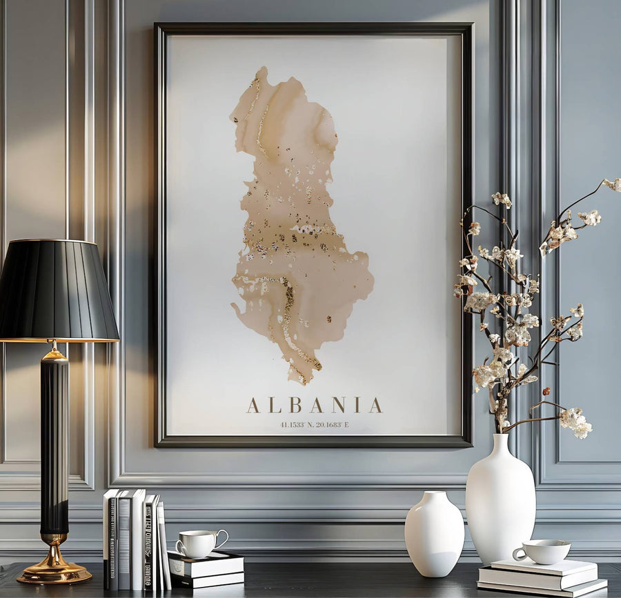 Abstract beige and gold map poster of Albania with coordinates 41.1533° N, 20.1683° E, crafted to enhance warm minimalist interior wall decor. Offered by MapYourDreams, this artwork is available in flexible options including unframed paper, custom wooden frames, and gallery canvas wraps.