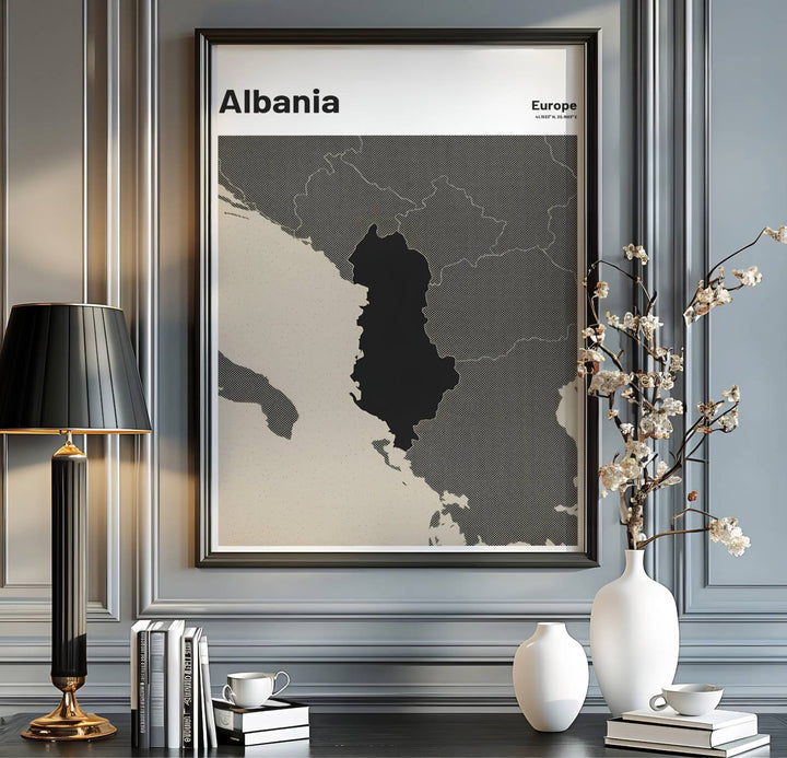 Bold black charcoal map print depicting Albania, perfect for design enthusiasts, geography lovers, and modern line art decor displays alike. Offered by MapYourDreams, this artwork is available in flexible options including unframed paper, custom wooden frames, and gallery canvas wraps.