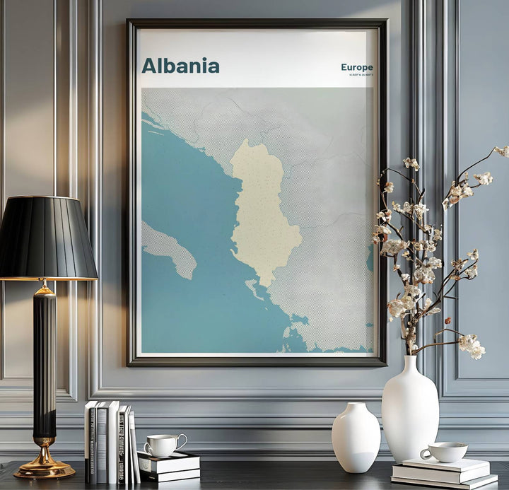 Serene teal and cream map print depicting Albania, perfect for design enthusiasts, travel lovers, and mid-century modern line art decor displays alike. Offered by MapYourDreams, this artwork is available in flexible options including unframed paper, custom wooden frames, and gallery canvas wraps.