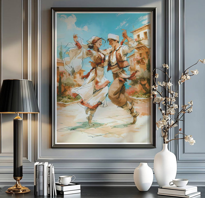 Vibrant illustration print depicting the Albanian Valle dance, perfect for art collectors, Balkan heritage lovers, and figurative wall decor displays. Offered by MapYourDreams, this artwork is available in flexible options including unframed paper, custom wooden frames, and gallery canvas wraps.