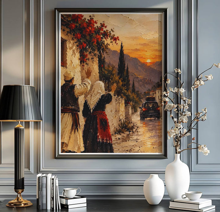 Vibrant oil painting print depicting an Albanian sunset farewell, perfect for fine art collectors, Balkan heritage lovers, and nostalgic wall decor displays. Offered by MapYourDreams, this artwork is available in flexible options including unframed paper, custom wooden frames, and gallery canvas wraps.