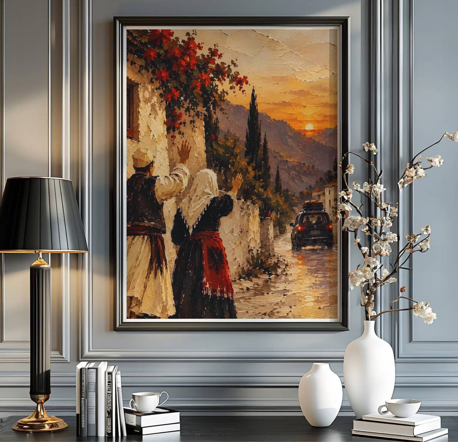 Vibrant oil painting print depicting an Albanian sunset farewell, perfect for fine art collectors, Balkan heritage lovers, and nostalgic wall decor displays. Offered by MapYourDreams, this artwork is available in flexible options including unframed paper, custom wooden frames, and gallery canvas wraps.