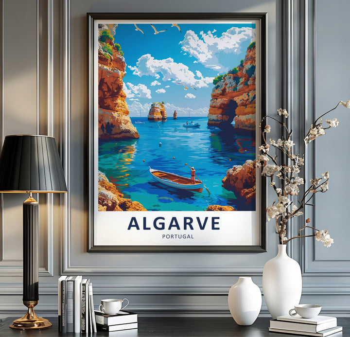 Golden rock formations in the foreground frame distant sailboats in this Algarve print set in Portugal. Custom choices include an unframed travel poster, wood framed print, or stretched canvas format.