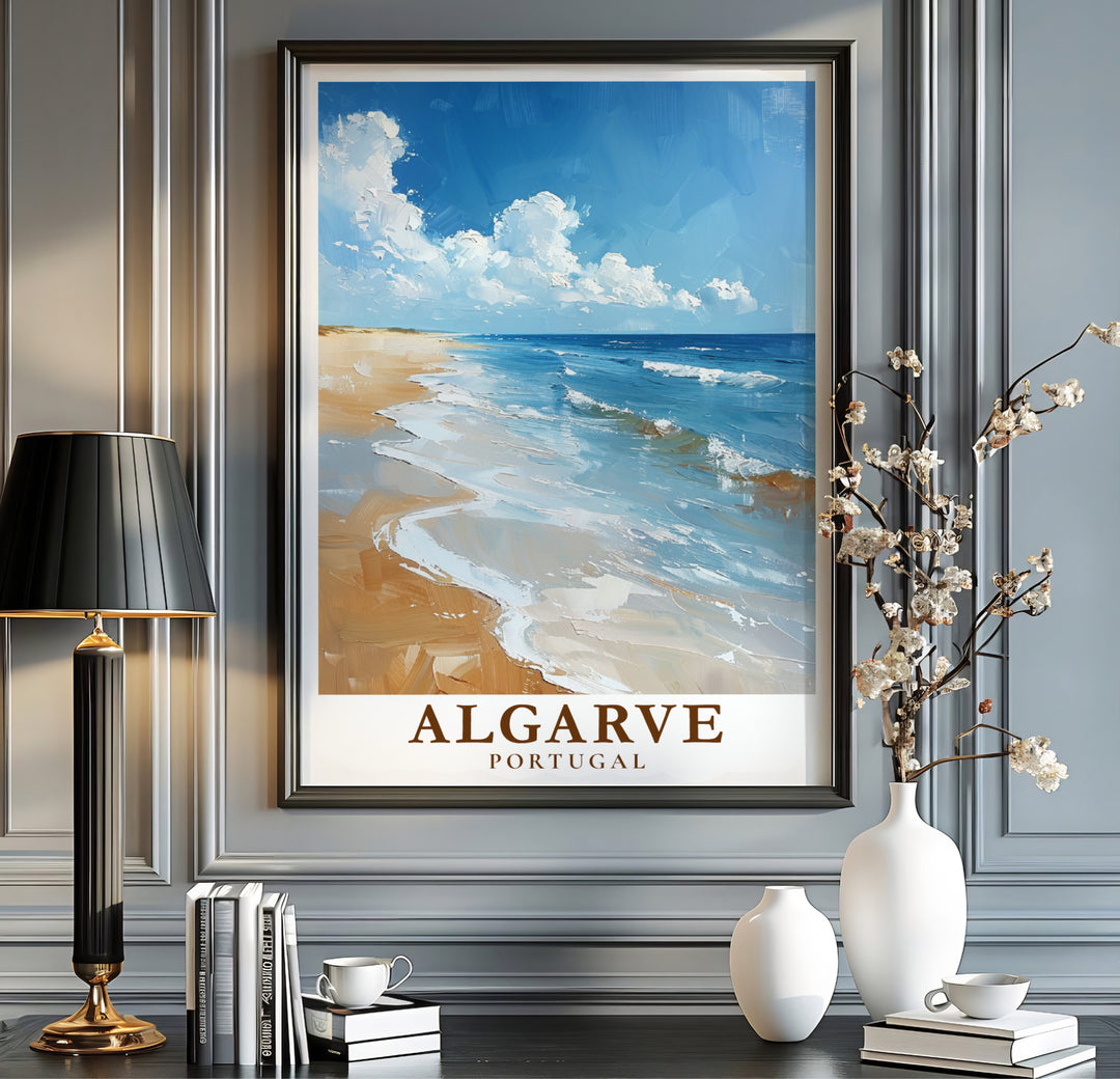 Expressive oil brushwork and clean destination typography define this Algarve Beach, Portugal print. MapYourDreams offers fine art framed, unframed, and canvas poster options to elevate home office wall decor setups.