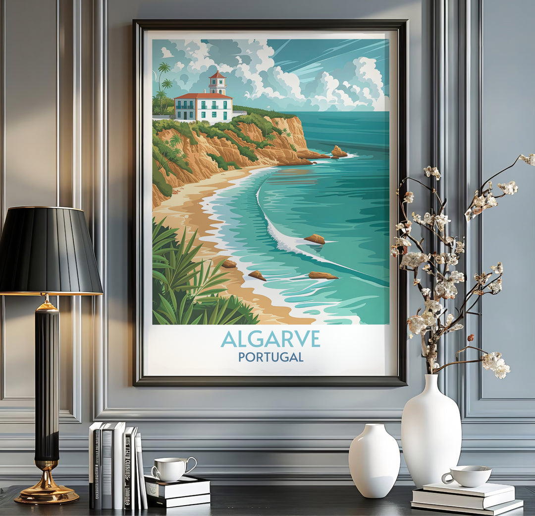 A coastal villa perched atop sandstone bluffs highlights this Algarve travel poster, available as a high-definition canvas print or in a pure gold frame for luxurious hallway decor.