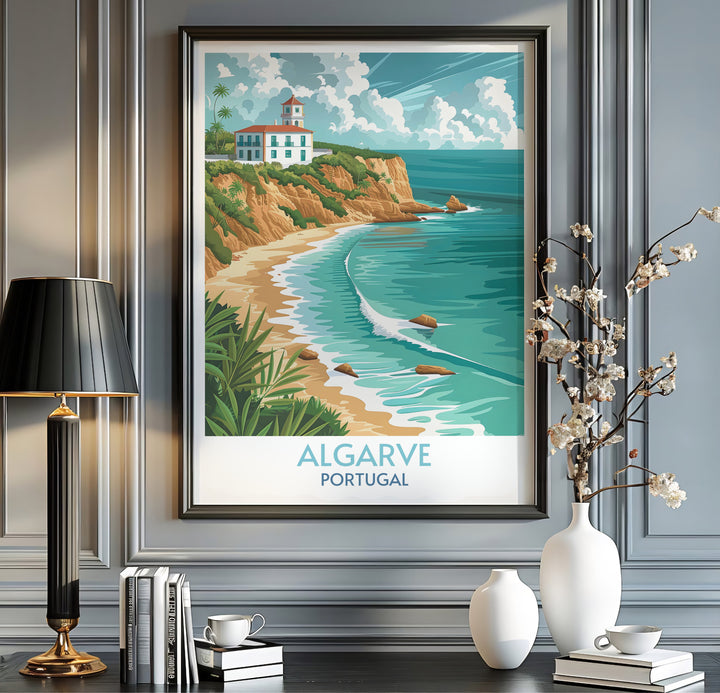 A coastal villa perched atop sandstone bluffs highlights this Algarve travel poster, available as a high-definition canvas print or in a pure gold frame for luxurious hallway decor.