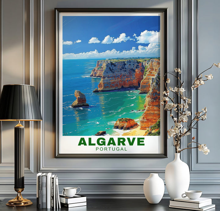 Clear ocean waves crash against golden limestone formations at Algarve Cliffs, Portugal in this art print. Discover ready-to-hang framed, unframed, and canvas options available at MapYourDreams for summer room decor.