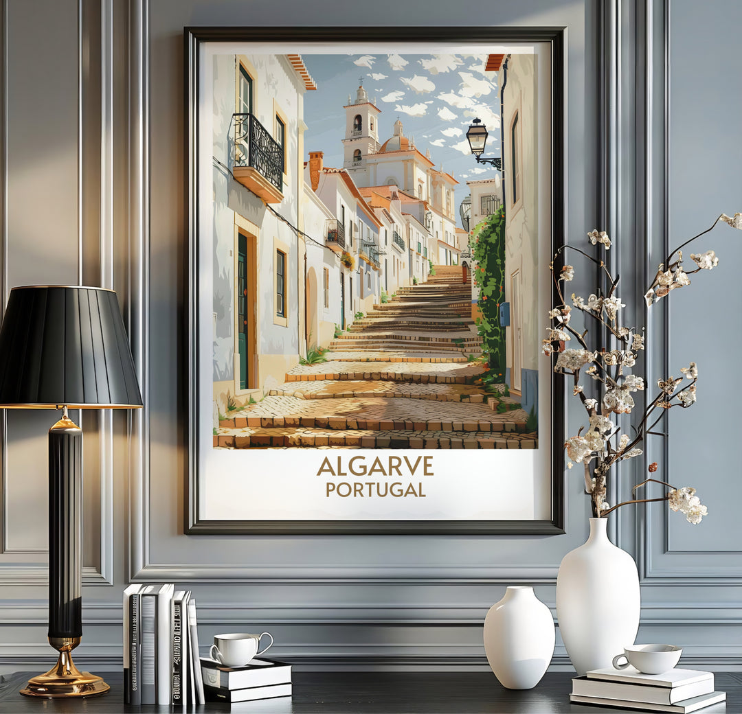 Detailed graphic streetscape art and clean bronze typography define this Faro Old Town, Portugal print. MapYourDreams offers fine art framed, unframed, and canvas poster options to elevate office wall decor setups.