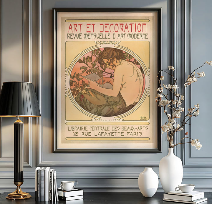 Alphonse Mucha museum exhibition poster Art Et Decoration by artist Alphonse Mucha featuring red typography at 13 Rue Lafayette Paris. MapYourDreams features high-quality framed, unframed, and stretched canvas print choices.