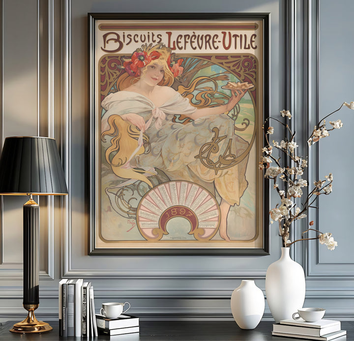 Classic Belle Époque bakery print Biscuits Lefevre Utile by artist Alphonse Mucha depicting an intricate 1897 calendar fan set in Nantes France. MapYourDreams provides custom fine art framed, unframed, and canvas print formats.