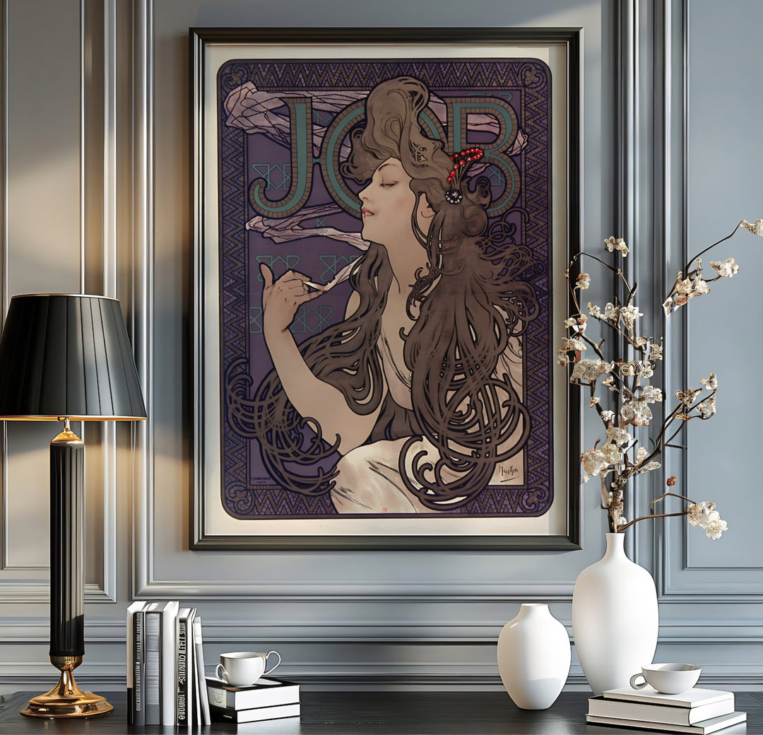 Authentic French Art Nouveau print JOB Cigarette Papers artwork by artist Alphonse Mucha referencing historic poster design in Paris France. Order custom framed, unframed paper, or textured canvas print options from MapYourDreams.