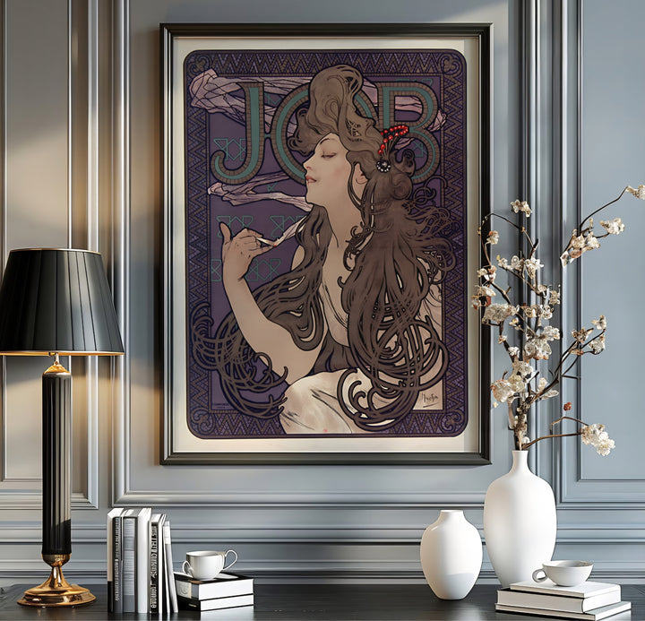 Authentic French Art Nouveau print JOB Cigarette Papers artwork by artist Alphonse Mucha referencing historic poster design in Paris France. Order custom framed, unframed paper, or textured canvas print options from MapYourDreams.