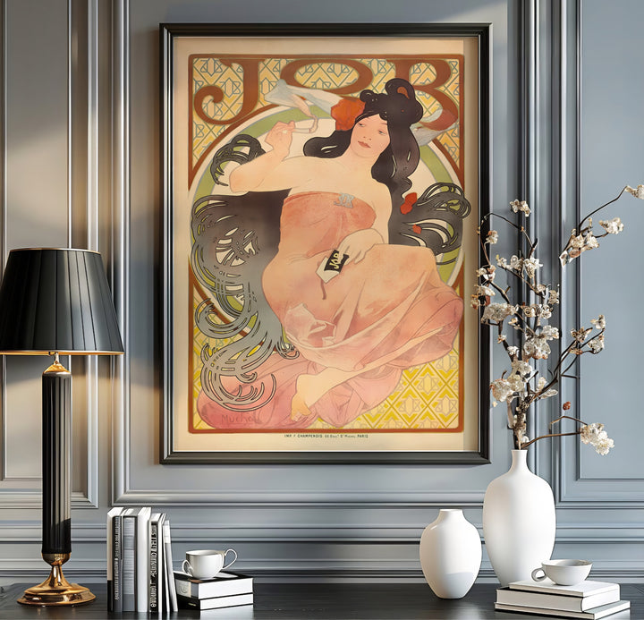 Alphonse Mucha museum exhibition poster JOB Cigarette Papers by artist Alphonse Mucha featuring dark typography at Boulevard Saint-Michel Paris. MapYourDreams features high-quality framed, unframed, and stretched canvas print choices.