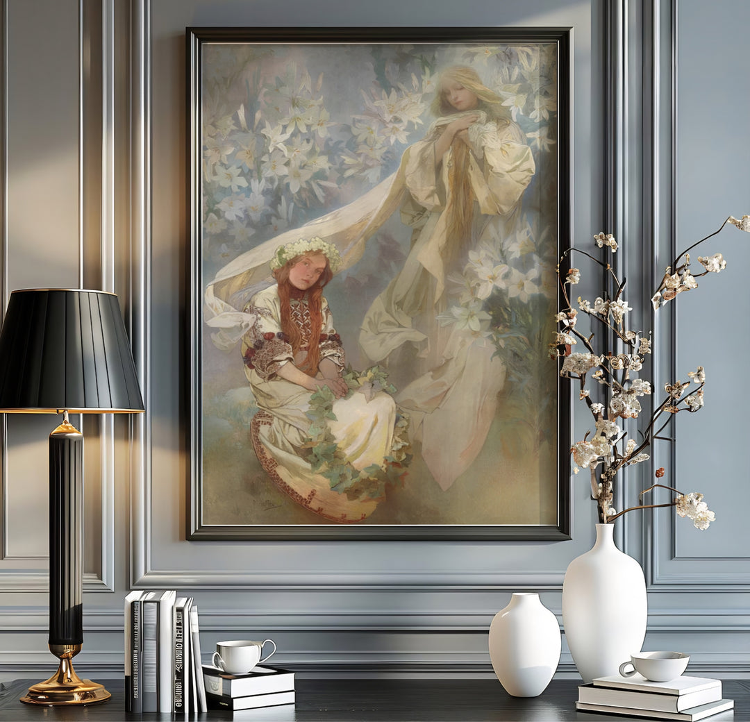 Authentic Symbolist fine art print Madonna Of The Lilies artwork by artist Alphonse Mucha referencing historic Slavic painting in Prague Bohemia. Order custom framed, unframed paper, or textured canvas print options from MapYourDreams.