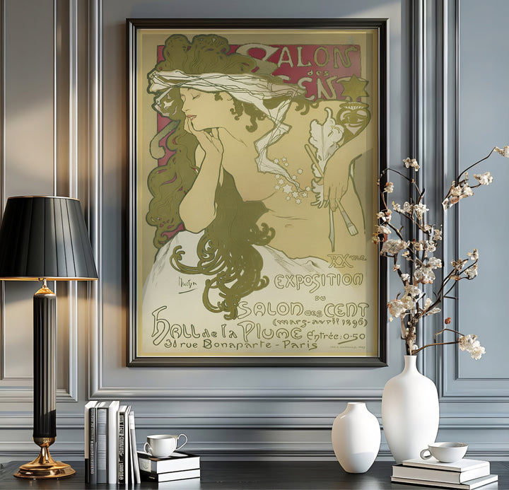 Historic French Art Nouveau canvas print Salon Des Cent by artist Alphonse Mucha illustrating fine art paintbrushes at 31 Rue Bonaparte Paris. Order custom framed, unframed paper, or textured canvas print options from MapYourDreams.