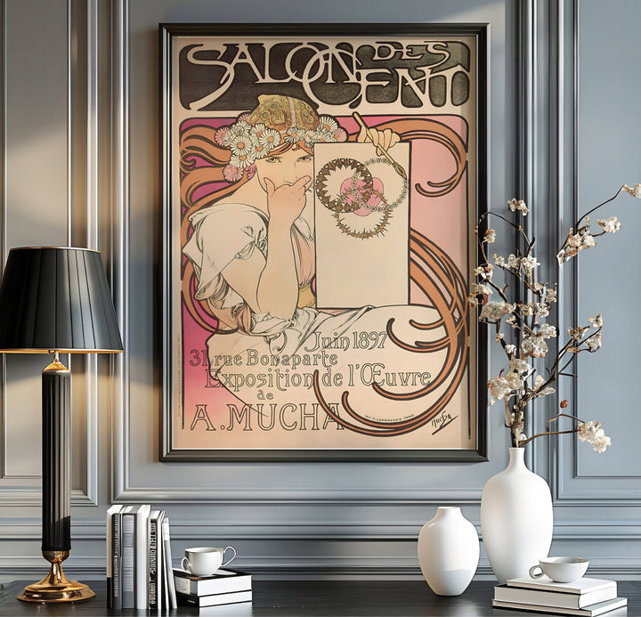 Historic French Art Nouveau canvas print Salon Des Cent by artist Alphonse Mucha illustrating a daisy flower wreath at 31 Rue Bonaparte Paris. Order custom framed, unframed paper, or textured canvas print options from MapYourDreams.