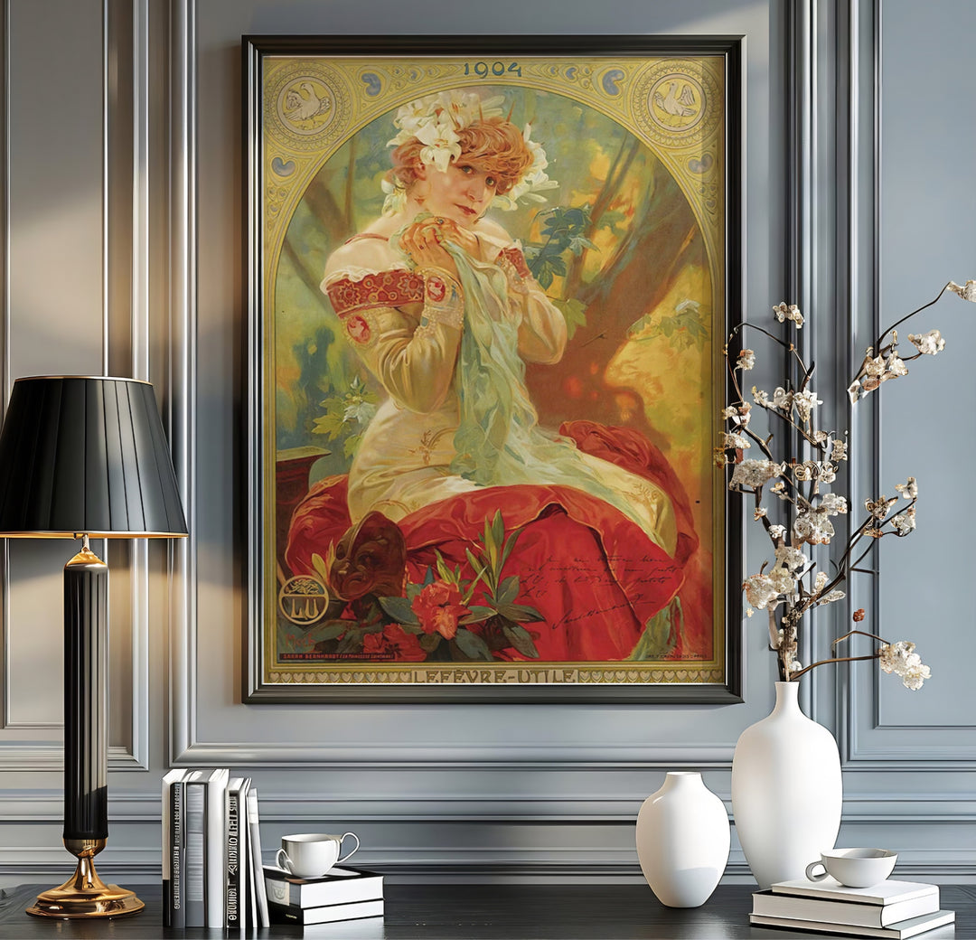 Historic theatrical poster of French actress Sarah Bernhardt by Alphonse Mucha set in Paris France, available in unframed matte paper, gallery canvas, or custom framed poster styles from MapYourDreams.