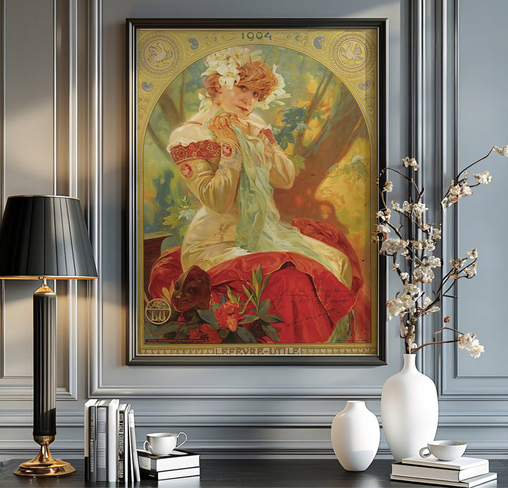 Historic theatrical poster of French actress Sarah Bernhardt by Alphonse Mucha set in Paris France, available in unframed matte paper, gallery canvas, or custom framed poster styles from MapYourDreams.