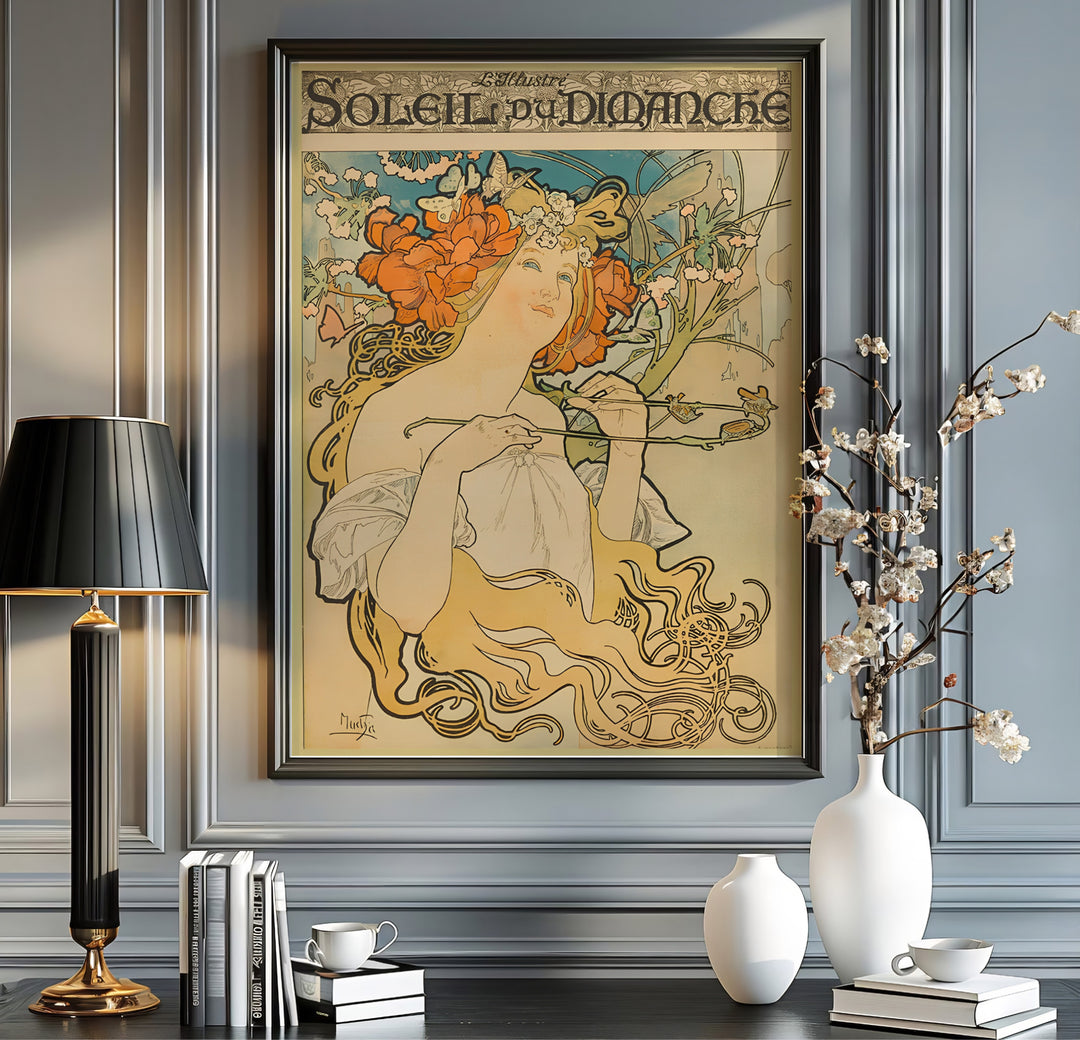 Vintage Parisian magazine cover poster Soleil Du Dimanche by artist Alphonse Mucha displaying sky blue sky and orange flora in Paris. Shop high-definition framed, unframed, and canvas art print choices at MapYourDreams.