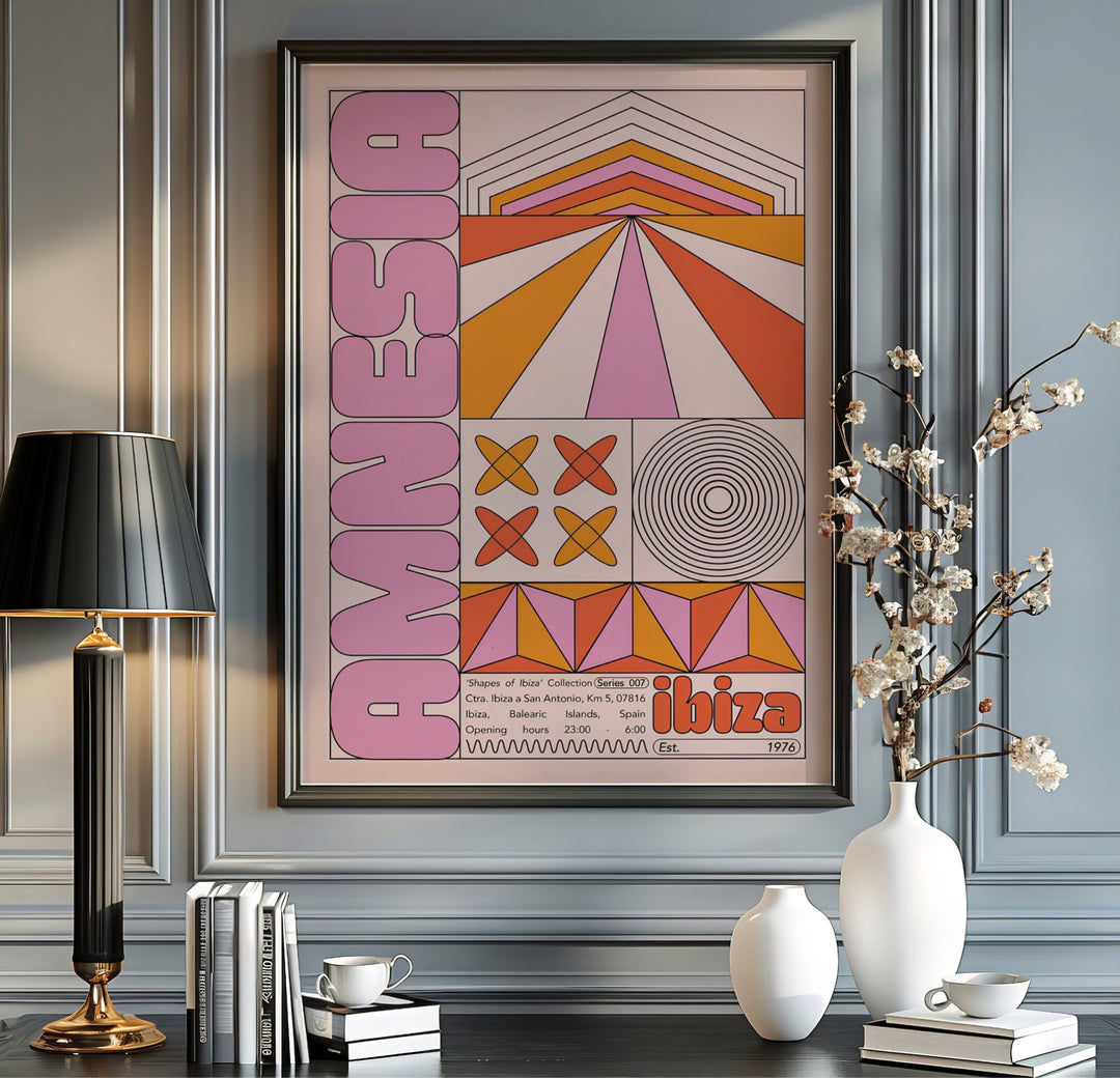 Graphic vector music poster featuring abstract geometric patterns, 3D stars, and Amnesia Ibiza club lettering, offered by MapYourDreams where you can select an unframed poster, a gallery wrapped canvas, or a custom frame option to build a music-inspired gallery wall.