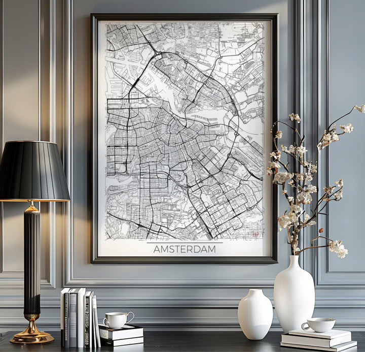 Graphic cartography travel poster of the Amsterdam street grid featuring clean vector lines and modern typography, offered by MapYourDreams as an unframed poster, a gallery wrapped canvas, or within a selection of custom frames for sleek apartment wall decor.