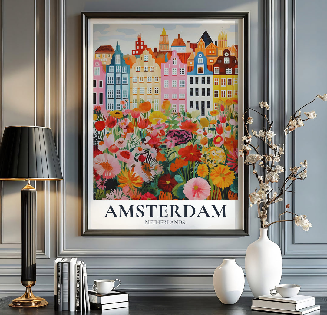 Illustration art poster of the Amsterdam canal district featuring pastel houses and dense wildflower blooms, offered by MapYourDreams as an unframed poster, a gallery wrapped canvas, or within a selection of custom frames for bright apartment wall decor.
